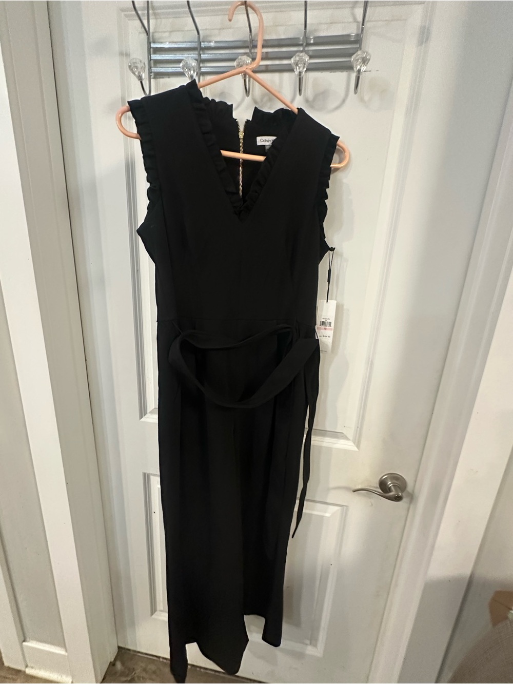 Calvin Klein Black Sleeveless V-Neck Jumpsuit with Waist Sash